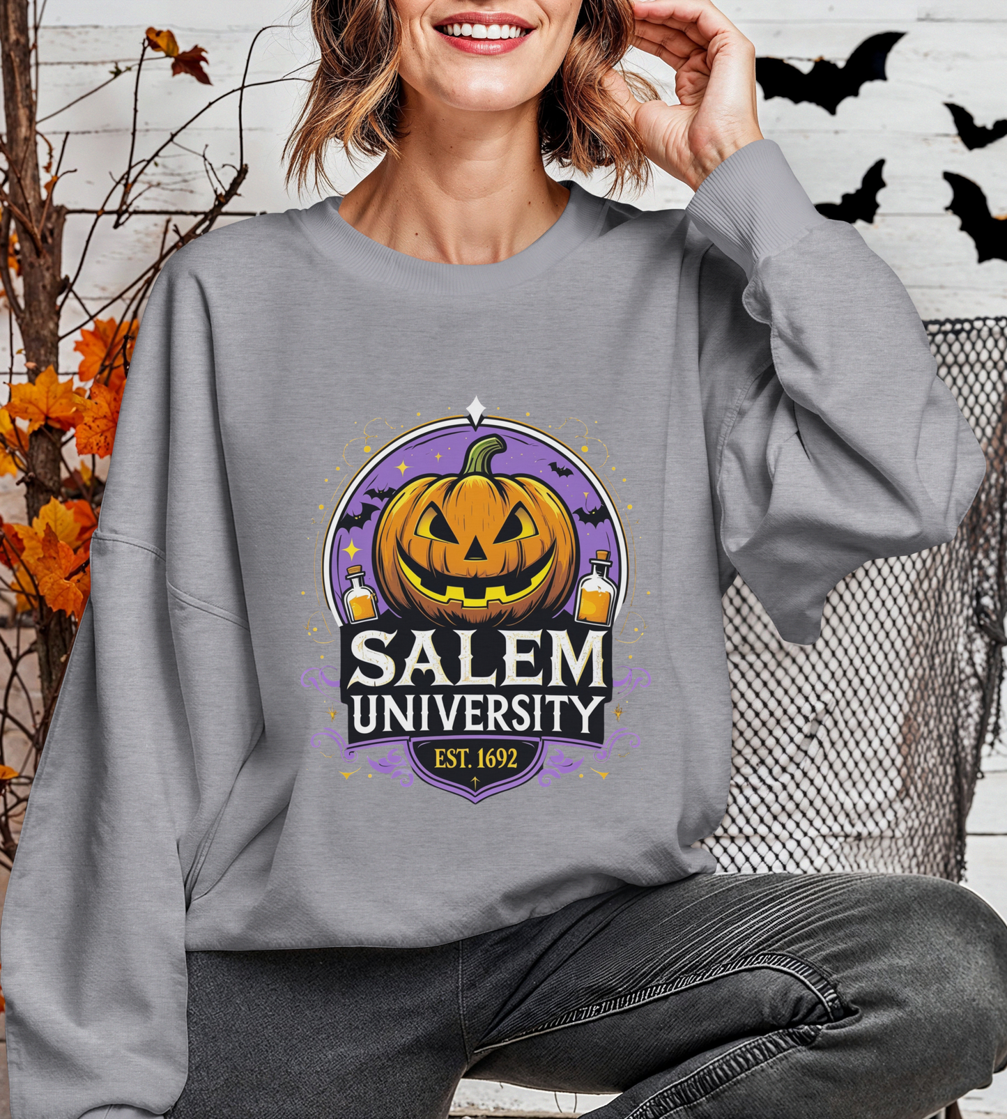 "Unisex Salem University Halloween Sweatshirt – Pumpkin Jack-O’-Lantern Graphic Crewneck Pullover"