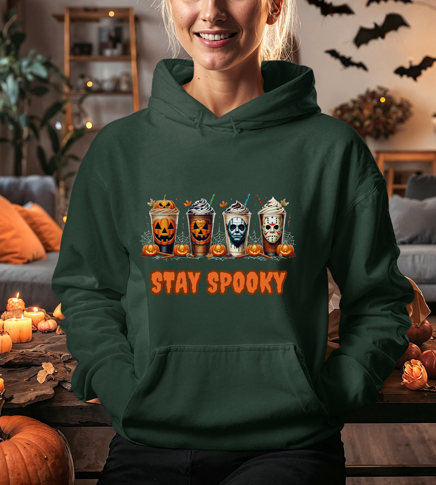 Stay Spooky Halloween Horror Hoodie – Pumpkin Skull Coffee Cup Graphic – Michael Myers Jason Inspired – Gildan 18500 Unisex Pullover