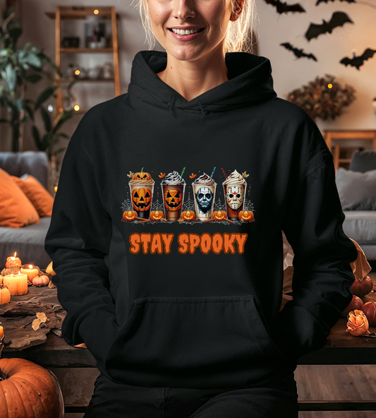 Stay Spooky Halloween Horror Hoodie – Pumpkin Skull Coffee Cup Graphic – Michael Myers Jason Inspired – Gildan 18500 Unisex Pullover