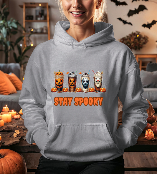 Stay Spooky Halloween Horror Hoodie – Pumpkin Skull Coffee Cup Graphic – Michael Myers Jason Inspired – Gildan 18500 Unisex Pullover