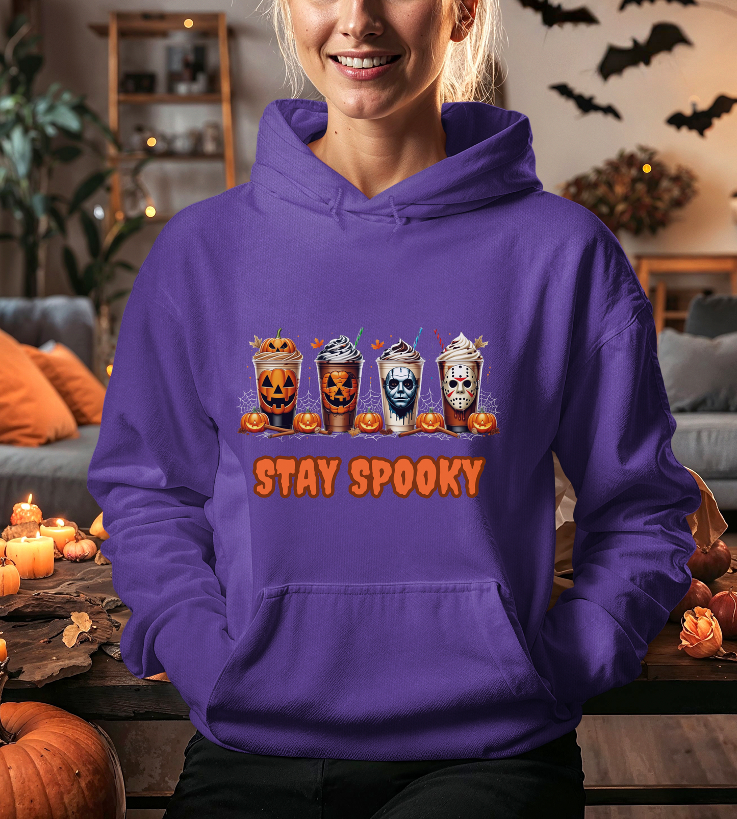 Stay Spooky Halloween Horror Hoodie – Pumpkin Skull Coffee Cup Graphic – Michael Myers Jason Inspired – Gildan 18500 Unisex Pullover