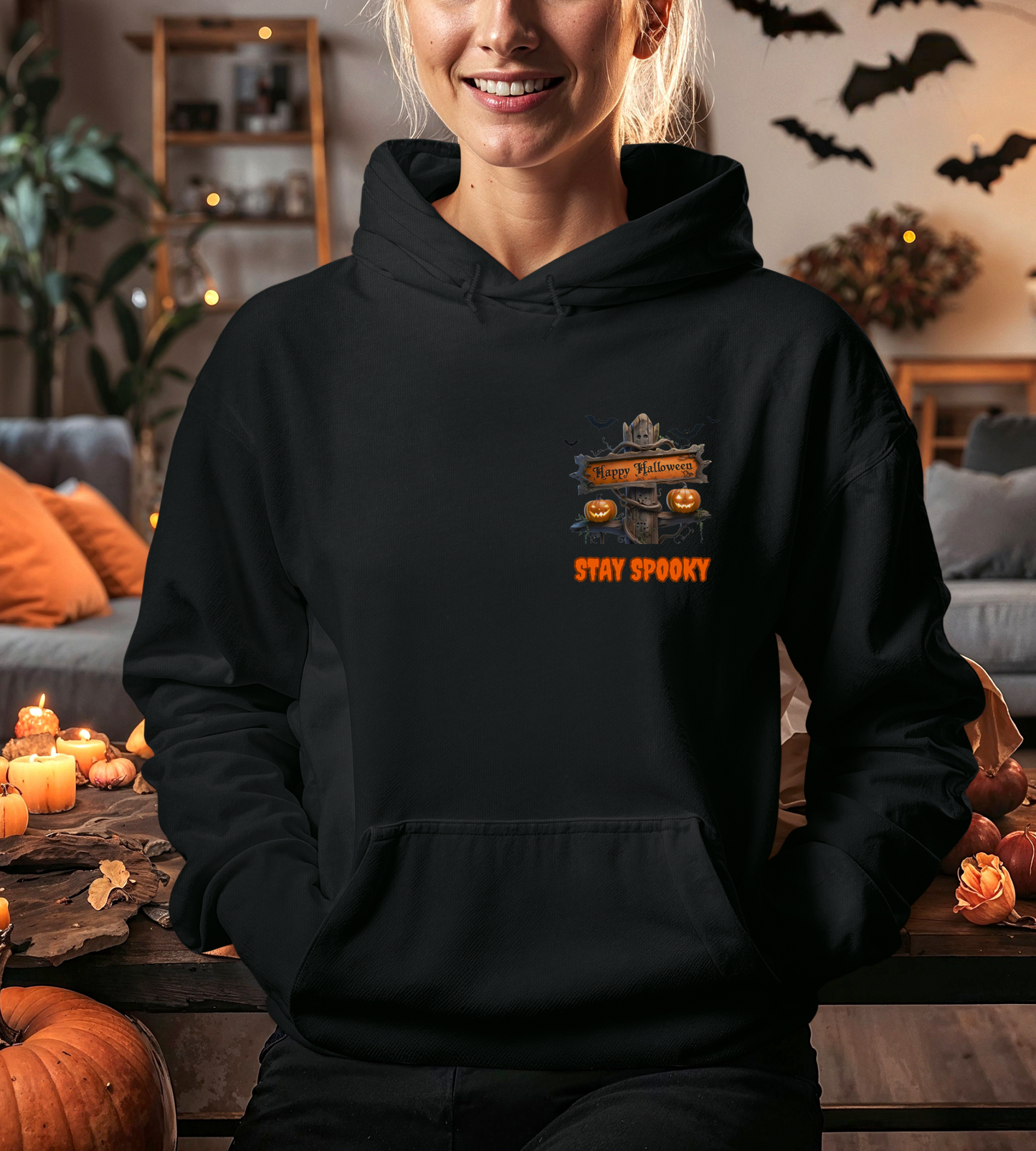 Stay Spooky Halloween Hoodie – Happy Halloween Gravestone & Pumpkin Graphic – Gildan Heavy Blend Unisex Pullover"