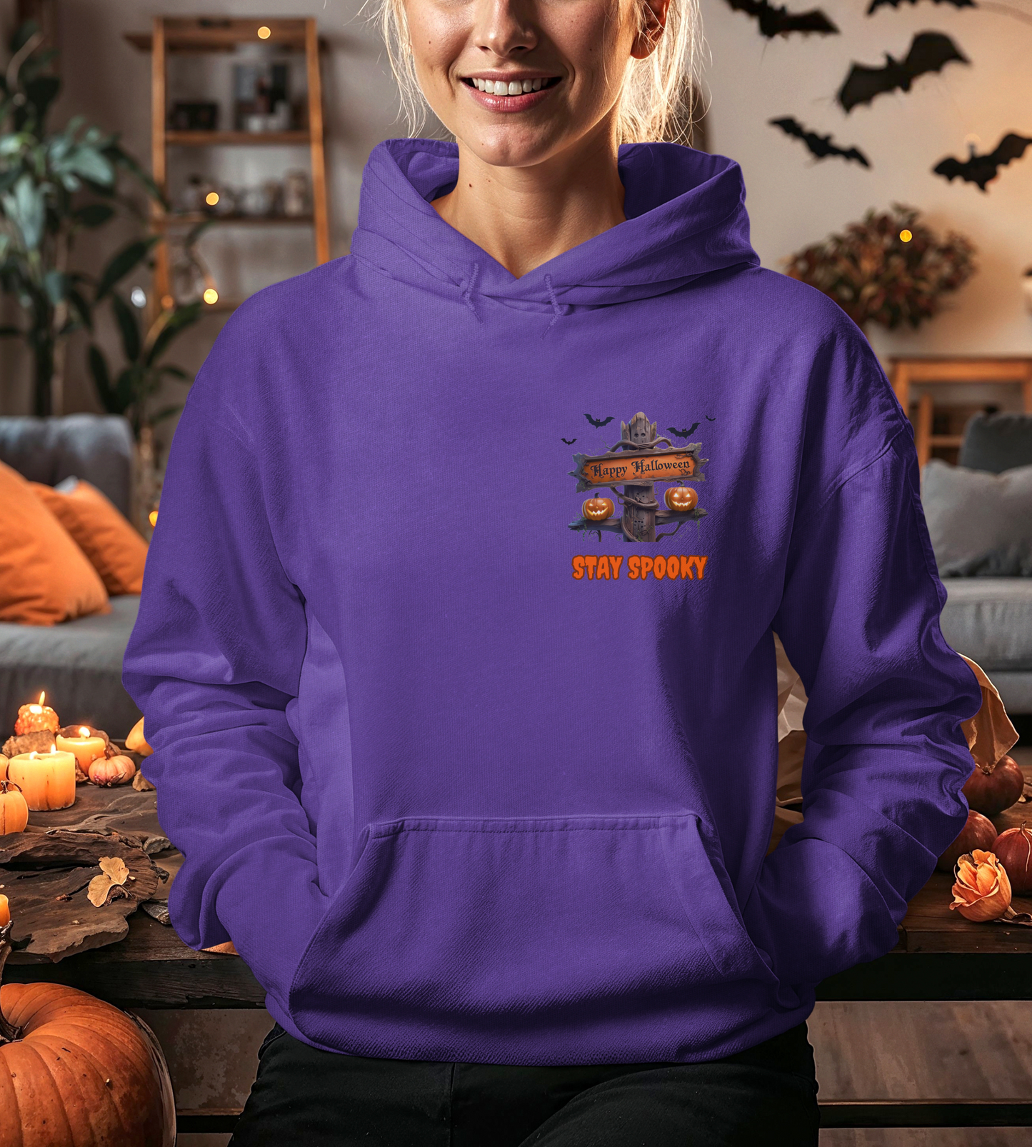Stay Spooky Halloween Hoodie – Happy Halloween Gravestone & Pumpkin Graphic – Gildan Heavy Blend Unisex Pullover"