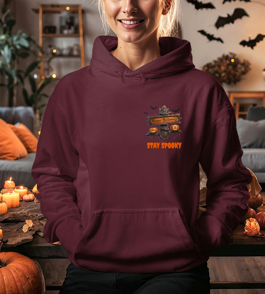 Stay Spooky Halloween Hoodie – Happy Halloween Gravestone & Pumpkin Graphic – Gildan Heavy Blend Unisex Pullover"