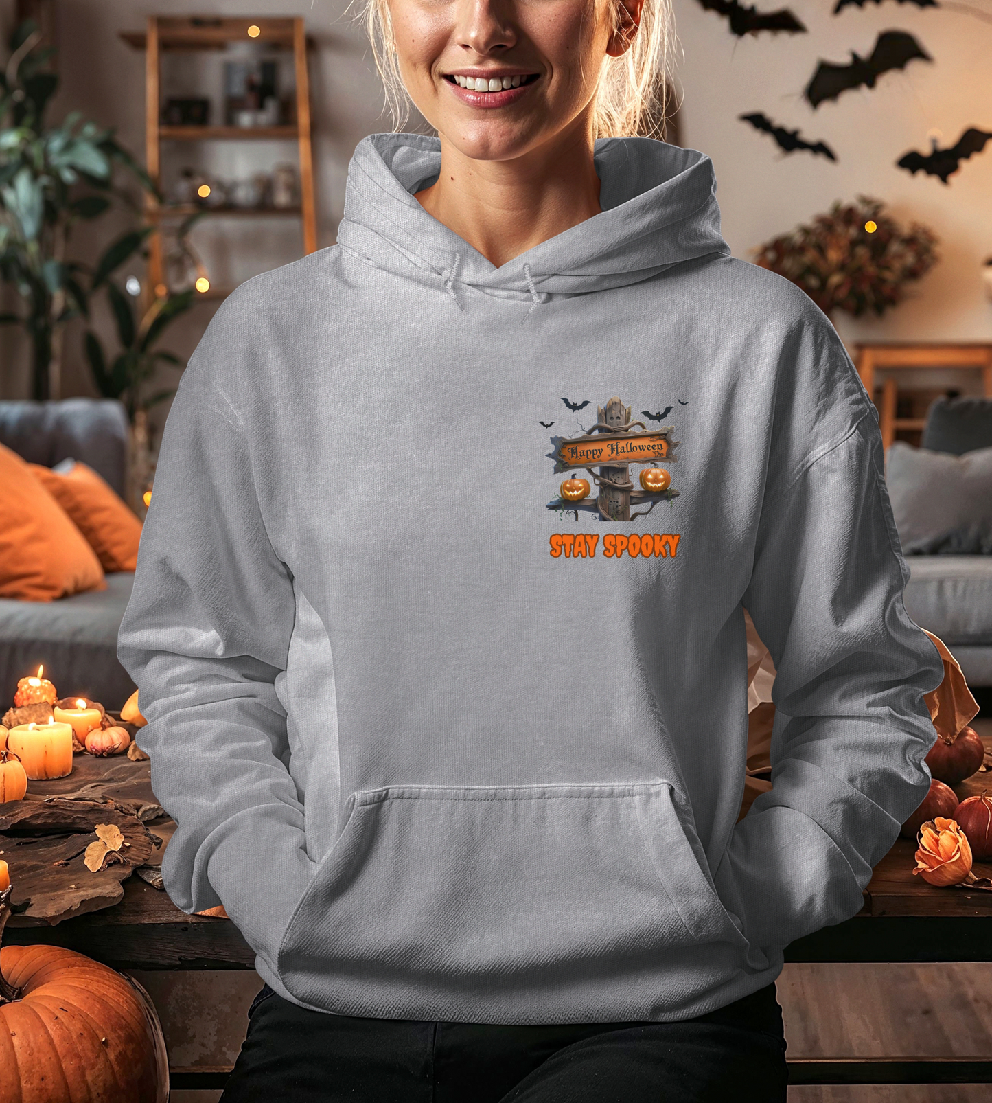 Stay Spooky Halloween Hoodie – Happy Halloween Gravestone & Pumpkin Graphic – Gildan Heavy Blend Unisex Pullover"