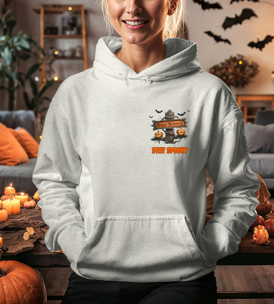 Stay Spooky Halloween Hoodie – Happy Halloween Gravestone & Pumpkin Graphic – Gildan Heavy Blend Unisex Pullover"