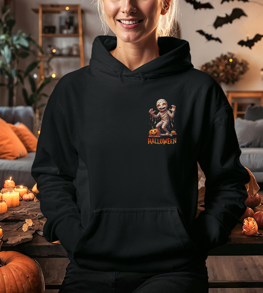 Halloween Mummy Hoodie – Spooky Pumpkin Graphic Sweatshirt – Gildan 18500 Unisex Halloween Hoodie for Fall & Horror Lovers