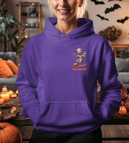 Halloween Mummy Hoodie – Spooky Pumpkin Graphic Sweatshirt – Gildan 18500 Unisex Halloween Hoodie for Fall & Horror Lovers