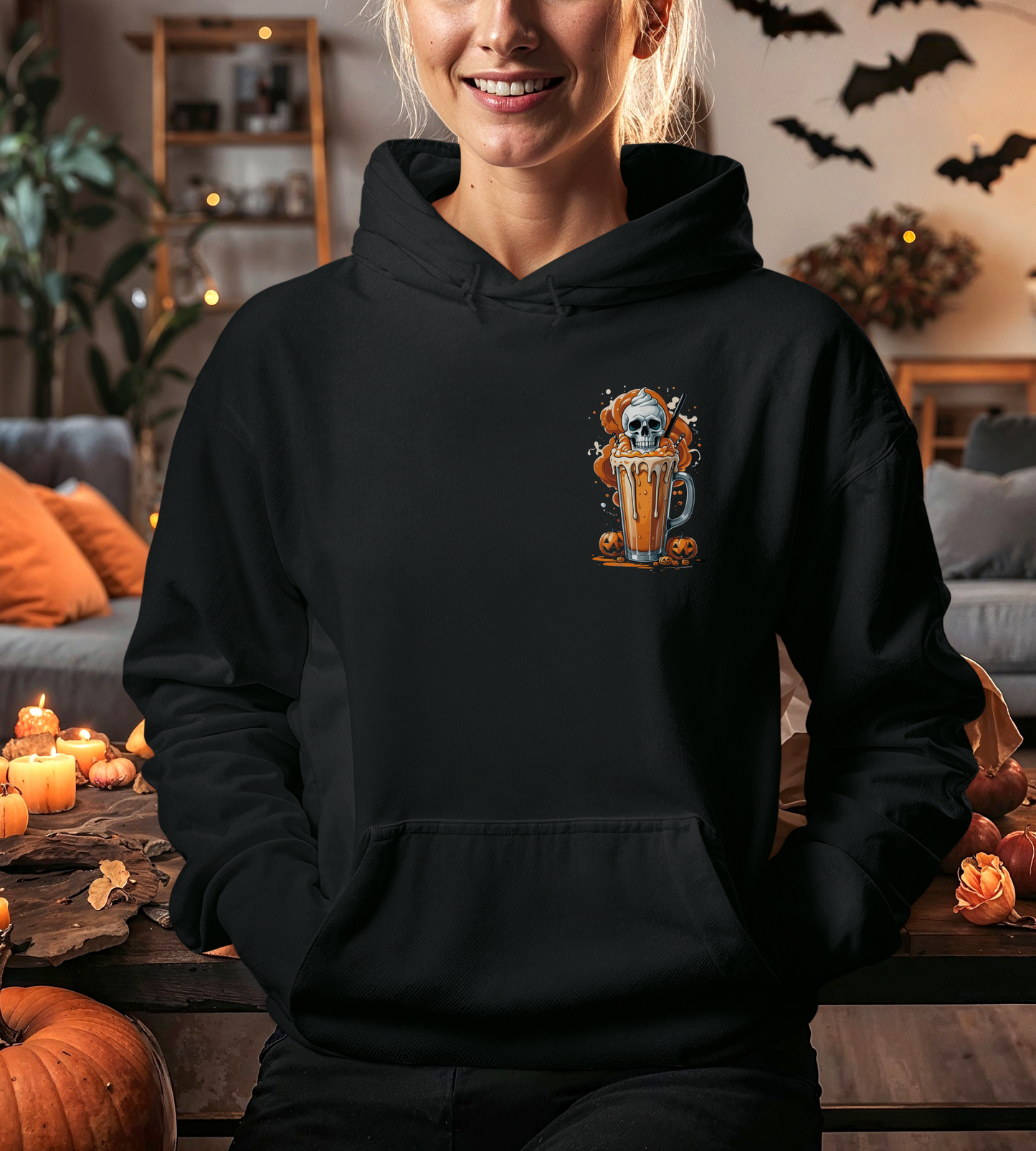 Halloween Skull Pumpkin Latte Hoodie – Spooky Fall Coffee Graphic Sweatshirt – Gildan 18500 Unisex Cozy Autumn Hoodie