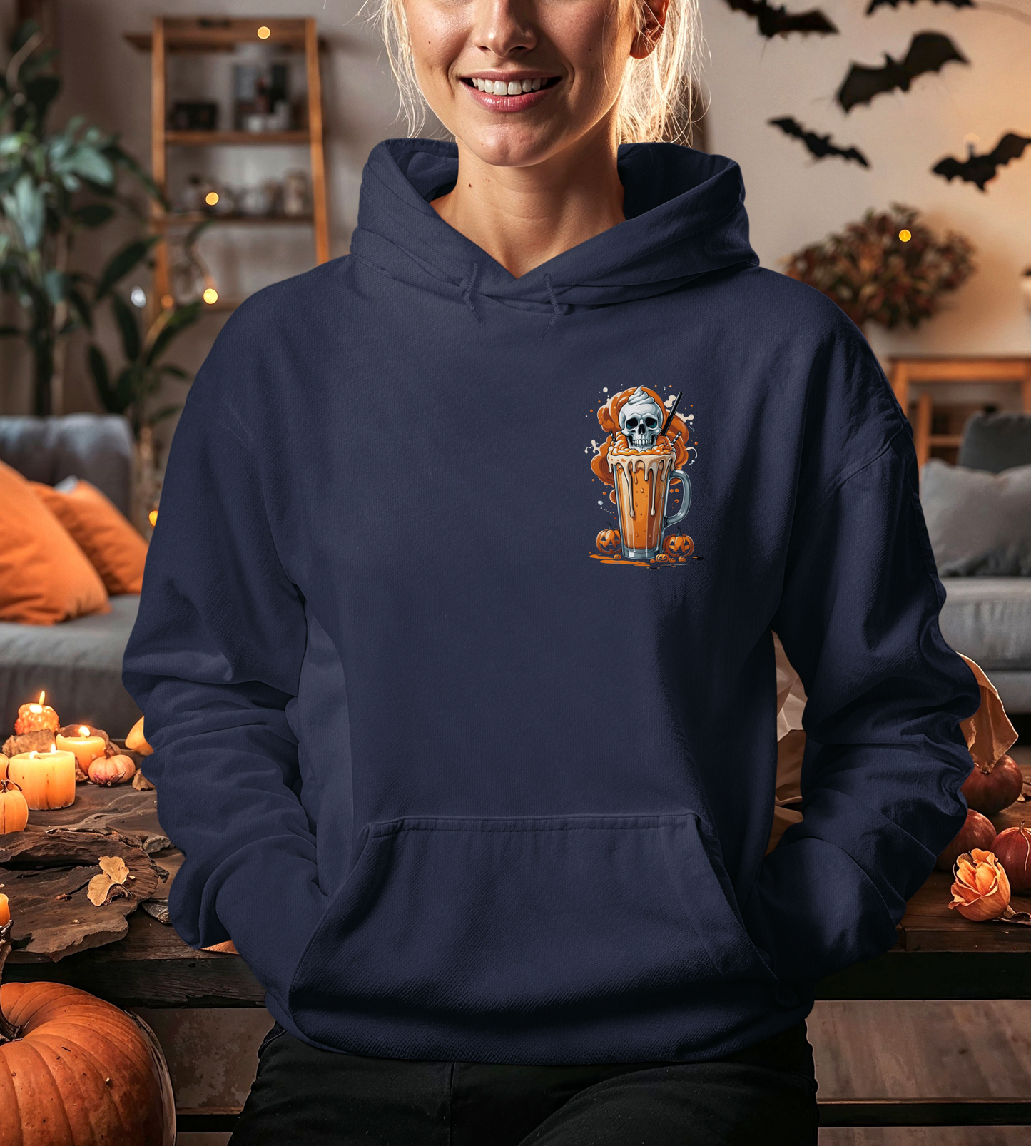 Halloween Skull Pumpkin Latte Hoodie – Spooky Fall Coffee Graphic Sweatshirt – Gildan 18500 Unisex Cozy Autumn Hoodie
