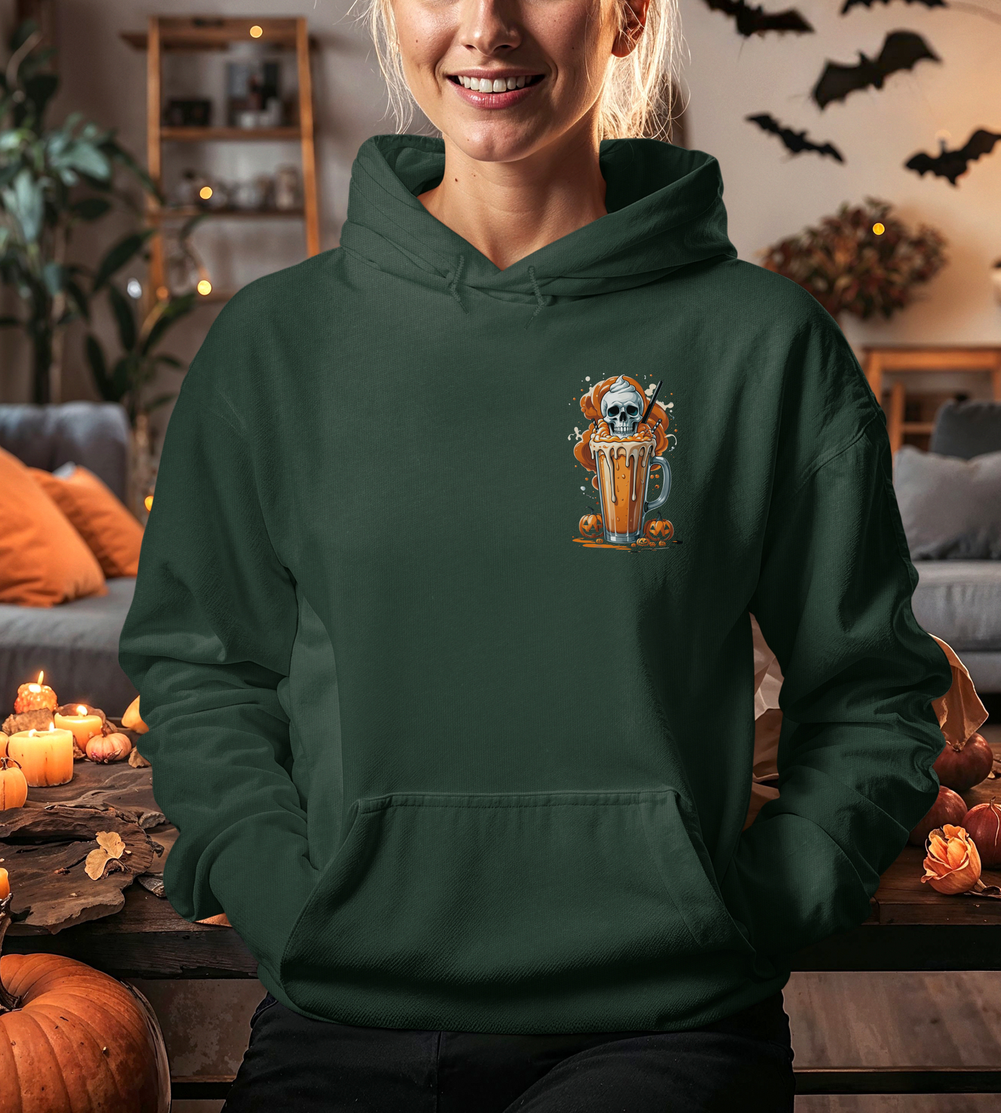Halloween Skull Pumpkin Latte Hoodie – Spooky Fall Coffee Graphic Sweatshirt – Gildan 18500 Unisex Cozy Autumn Hoodie