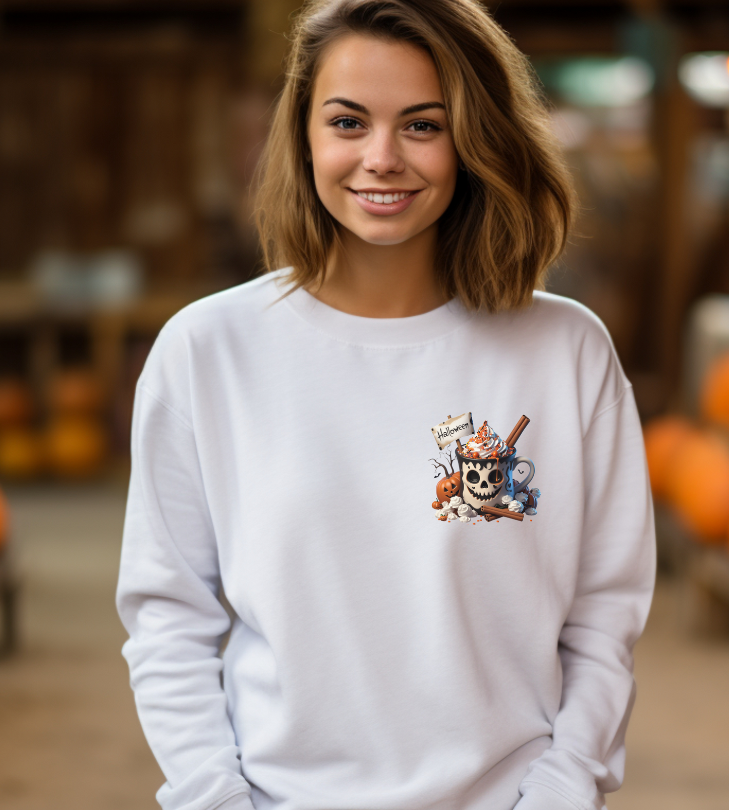Halloween Skull Coffee Sweatshirt – Spooky Pumpkin Latte Fall Sweater – Cozy Autumn Skull Cup Pullover-Gildan 18000