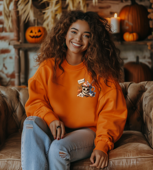 Halloween Skull Coffee Sweatshirt – Spooky Pumpkin Latte Fall Sweater – Cozy Autumn Skull Cup Pullover-Gildan 18000