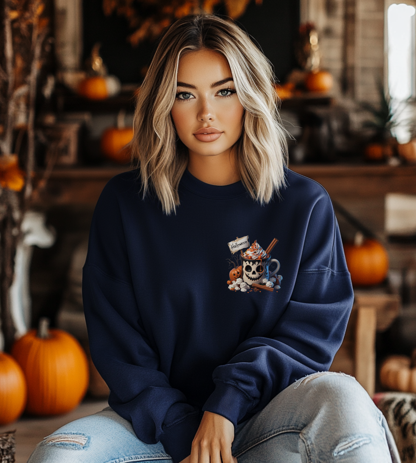 Halloween Skull Coffee Sweatshirt – Spooky Pumpkin Latte Fall Sweater – Cozy Autumn Skull Cup Pullover-Gildan 18000
