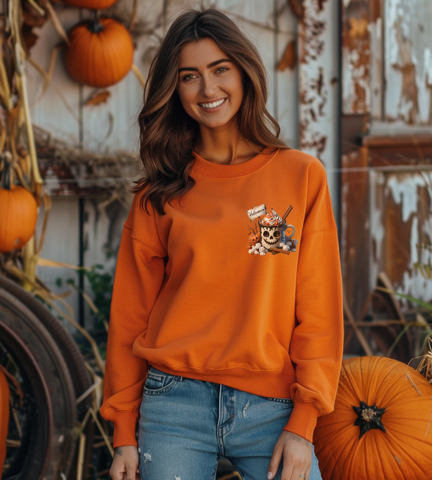 Halloween Skull Coffee Sweatshirt – Spooky Pumpkin Latte Fall Sweater – Cozy Autumn Skull Cup Pullover-Gildan 18000
