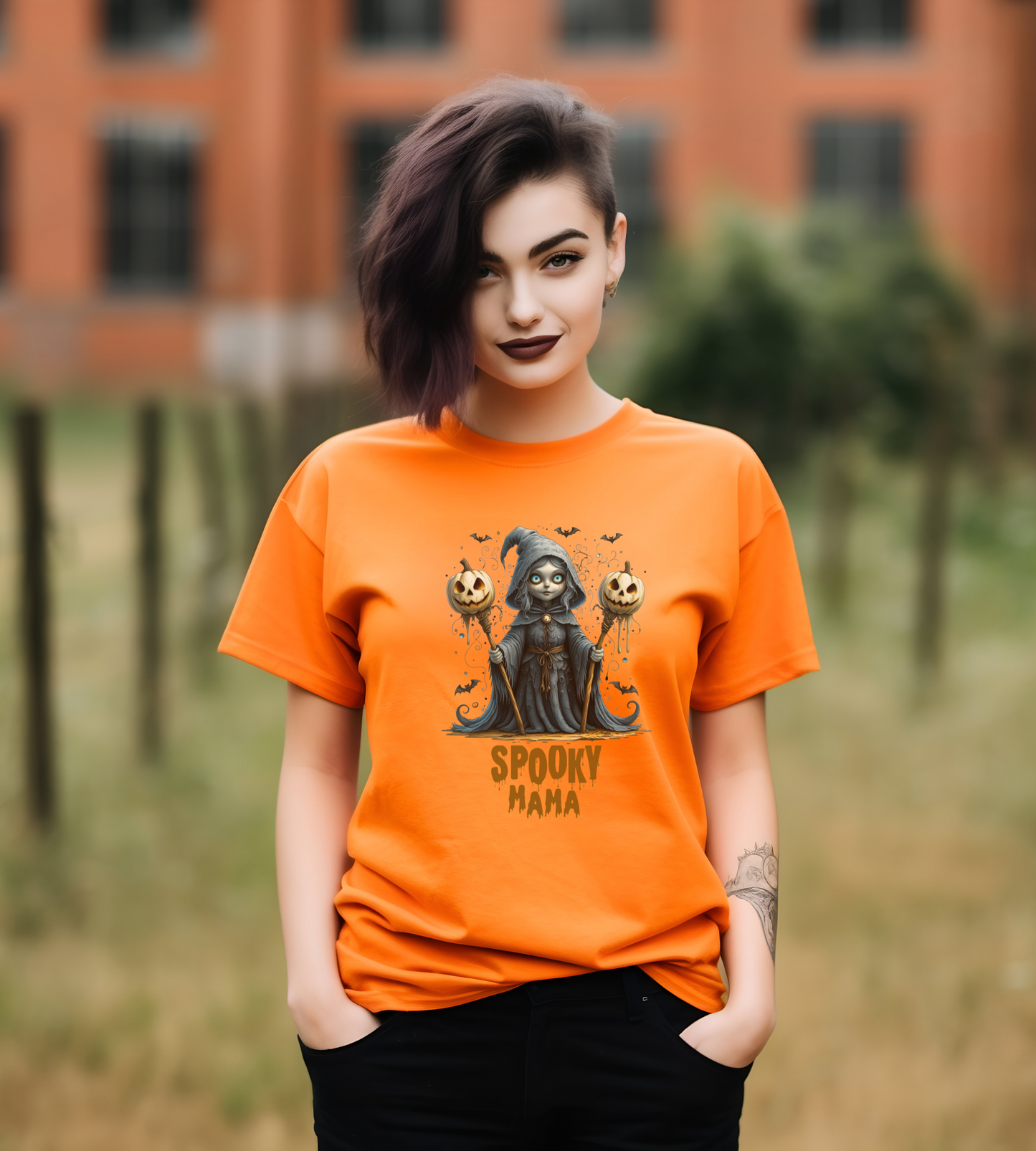 Spooky Mama Halloween Shirt – Gothic Witch Pumpkin Graphic Tee – Bella Canvas 3001 – Cute Halloween T-Shirt for Women