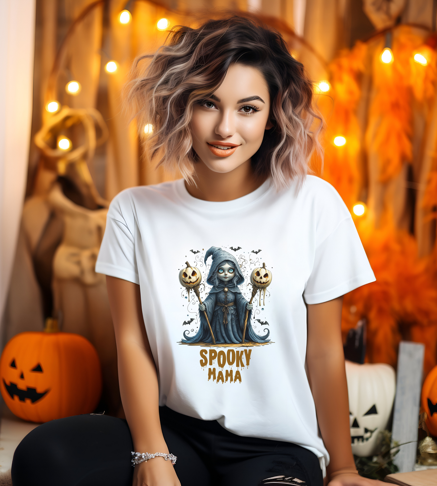 Spooky Mama Halloween Shirt – Gothic Witch Pumpkin Graphic Tee – Bella Canvas 3001 – Cute Halloween T-Shirt for Women