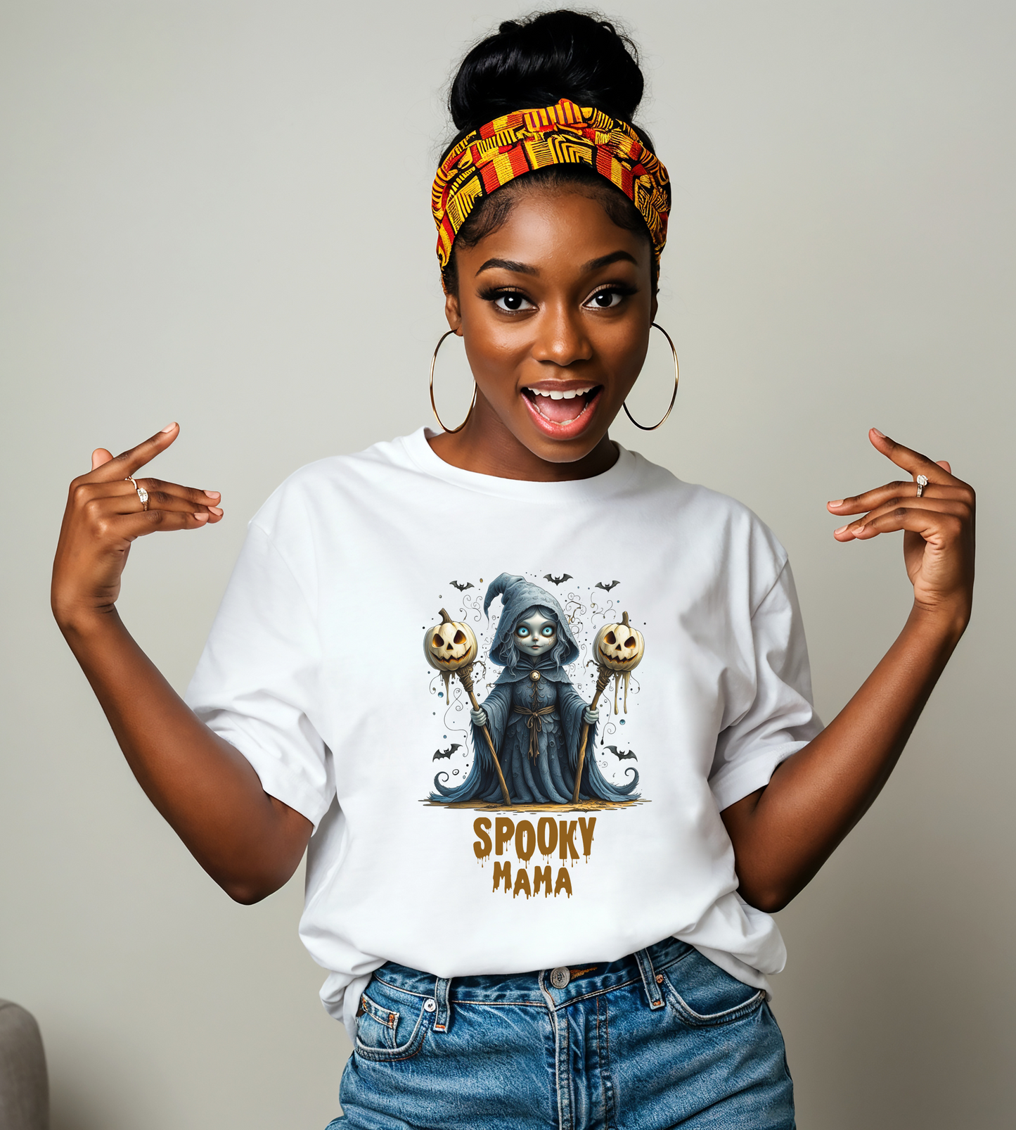 Spooky Mama Halloween Shirt – Gothic Witch Pumpkin Graphic Tee – Bella Canvas 3001 – Cute Halloween T-Shirt for Women