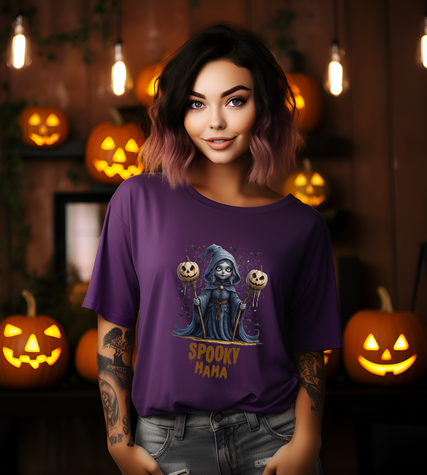 Spooky Mama Halloween Shirt – Gothic Witch Pumpkin Graphic Tee – Bella Canvas 3001 – Cute Halloween T-Shirt for Women