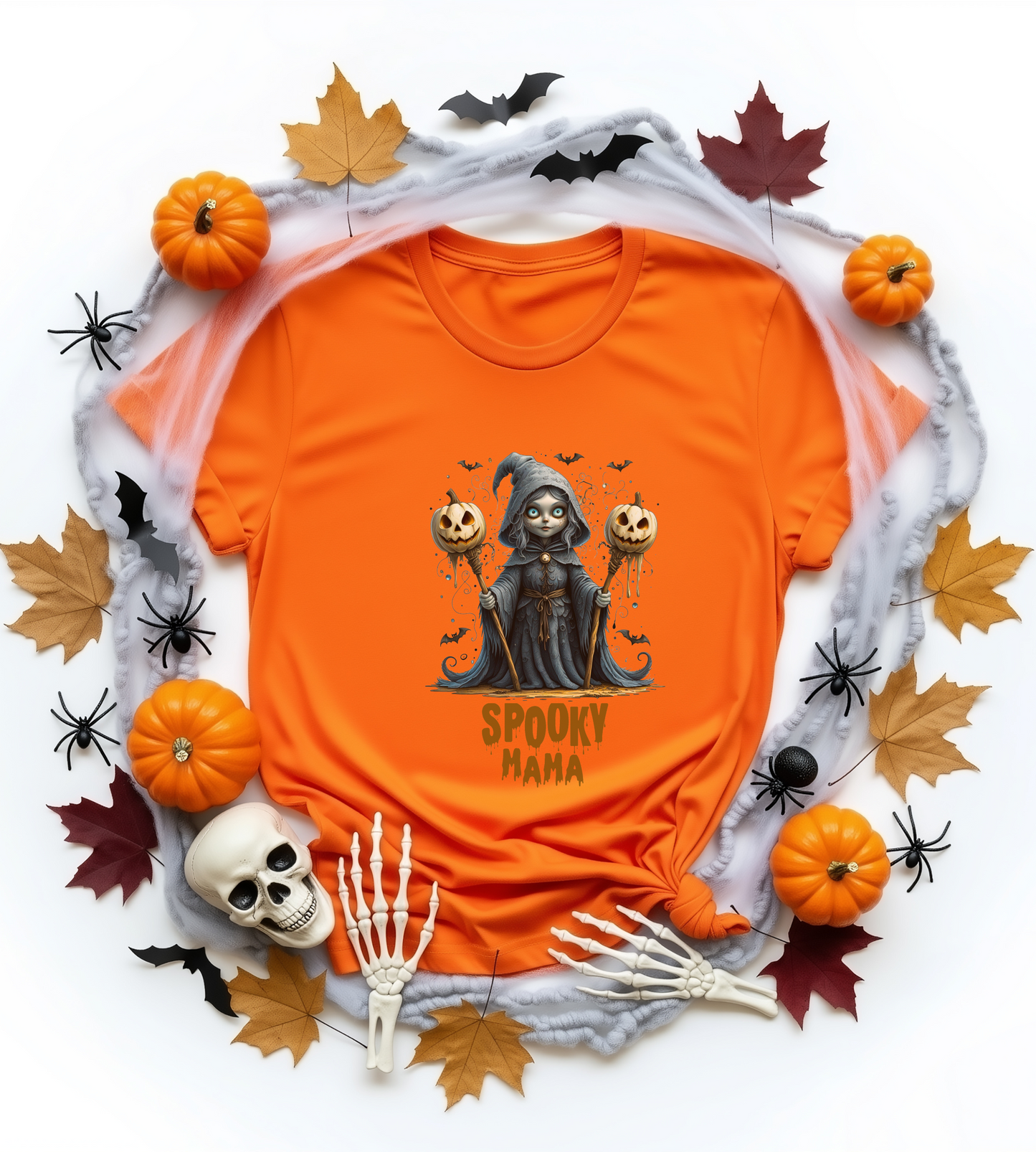 Spooky Mama Halloween Shirt – Gothic Witch Pumpkin Graphic Tee – Bella Canvas 3001 – Cute Halloween T-Shirt for Women