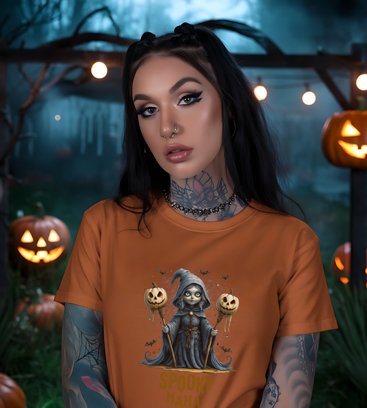 Spooky Mama Halloween Shirt – Gothic Witch Pumpkin Graphic Tee – Bella Canvas 3001 – Cute Halloween T-Shirt for Women