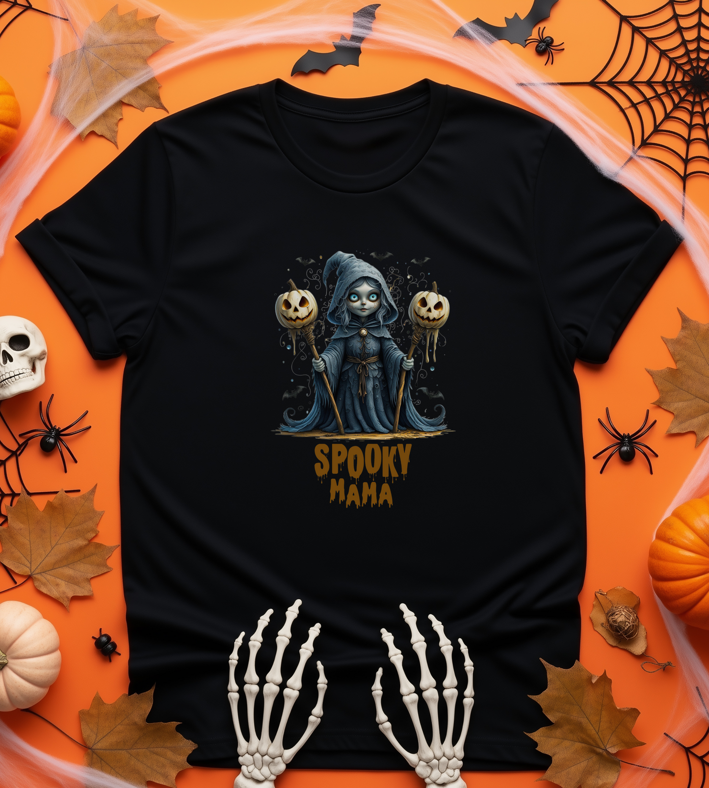 Spooky Mama Halloween Shirt – Gothic Witch Pumpkin Graphic Tee – Bella Canvas 3001 – Cute Halloween T-Shirt for Women