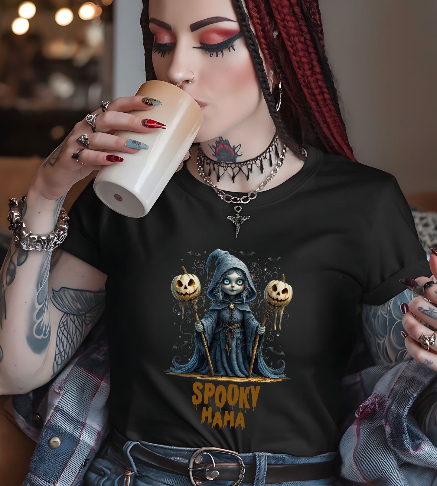 Spooky Mama Halloween Shirt – Gothic Witch Pumpkin Graphic Tee – Bella Canvas 3001 – Cute Halloween T-Shirt for Women
