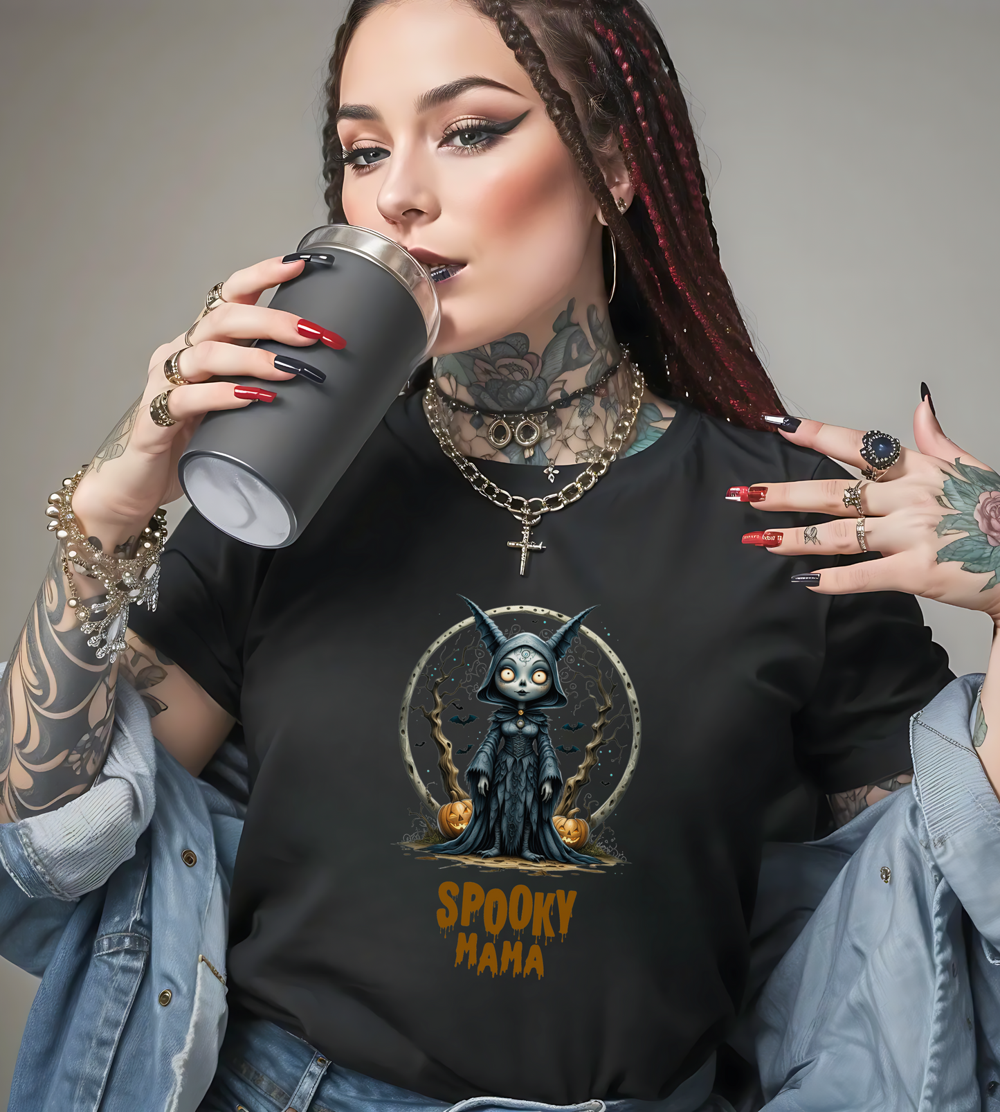 Spooky Mama Halloween Shirt – Gothic Cat Witch Graphic Tee – Bella Canvas 3001 Unisex