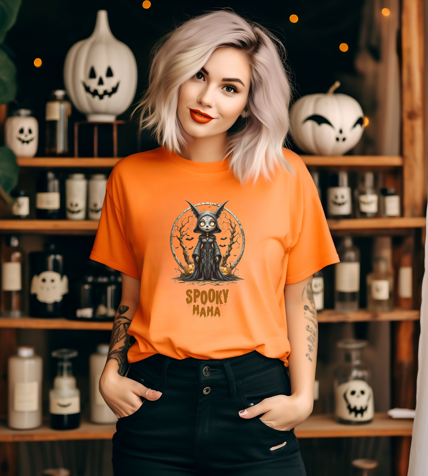 Spooky Mama Halloween Shirt – Gothic Cat Witch Graphic Tee – Bella Canvas 3001 Unisex
