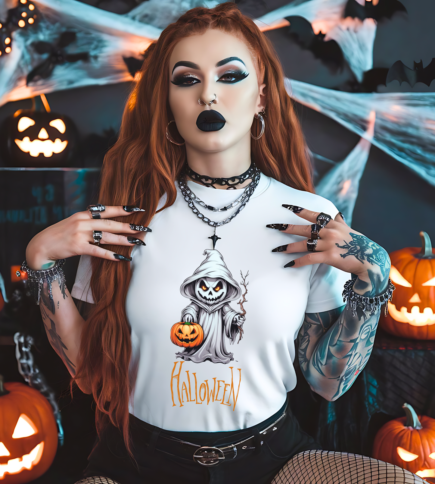 Halloween Ghost Shirt – Scary Pumpkin Graphic Tee – Bella Canvas 3001 – Spooky Unisex Halloween T-Shirt for Women Men