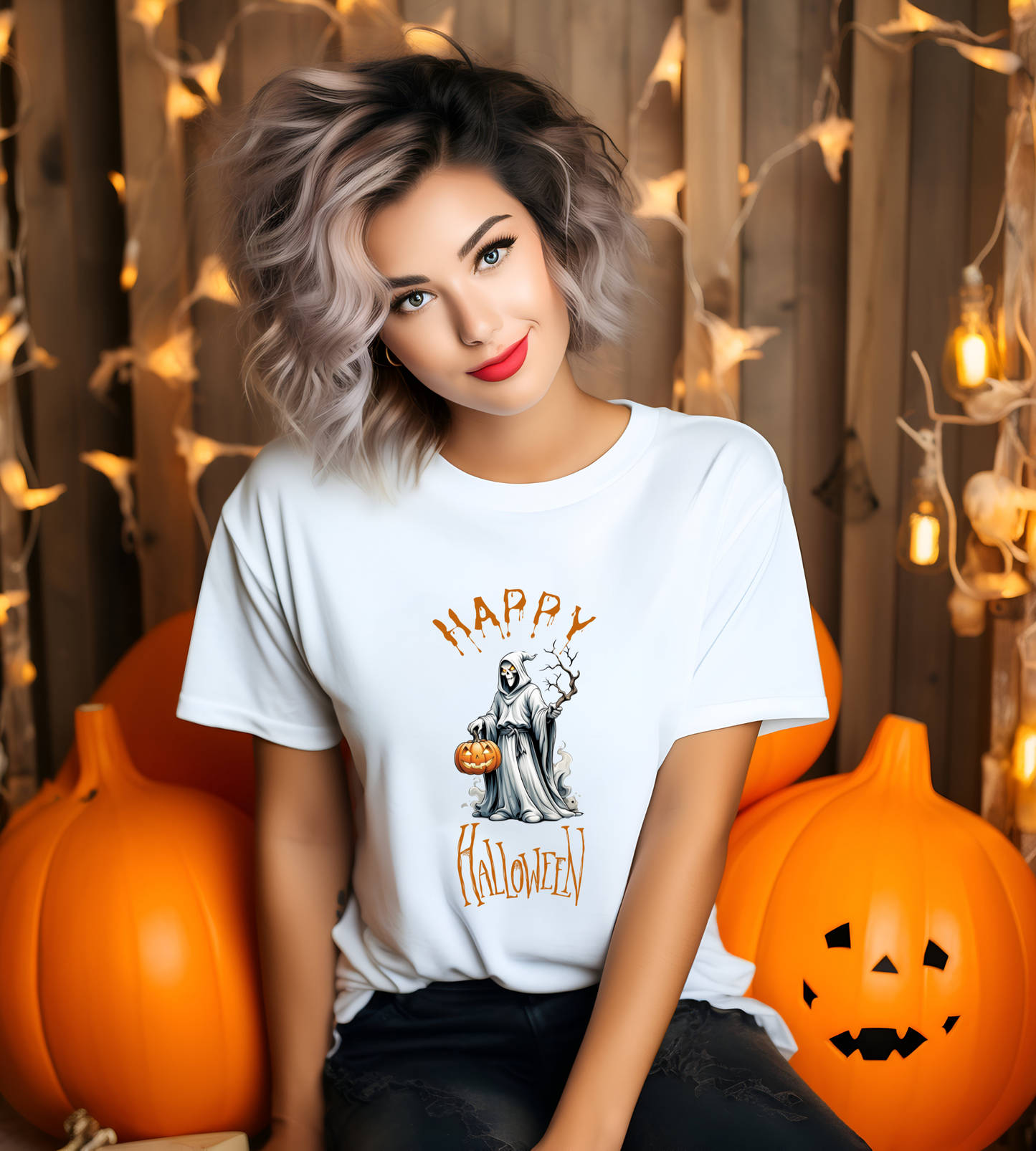 Happy Halloween Ghost Shirt – Spooky Pumpkin Graphic Tee – Bella Canvas 3001 – Unisex Cute Halloween T-Shirt for Women Men
