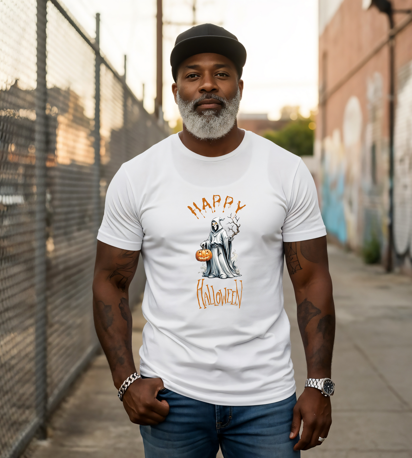 Happy Halloween Ghost Shirt – Spooky Pumpkin Graphic Tee – Bella Canvas 3001 – Unisex Cute Halloween T-Shirt for Women Men