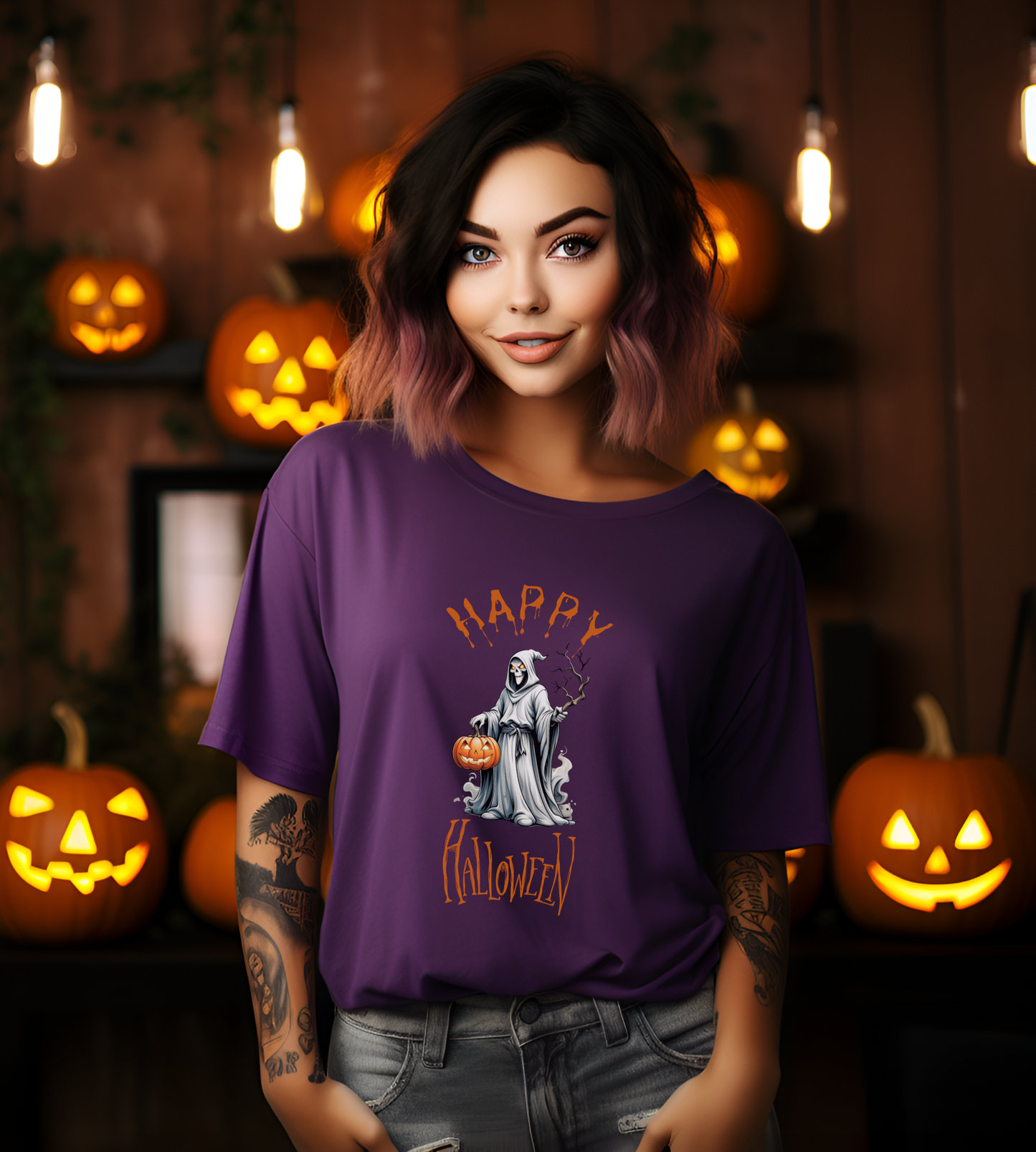 Happy Halloween Ghost Shirt – Spooky Pumpkin Graphic Tee – Bella Canvas 3001 – Unisex Cute Halloween T-Shirt for Women Men