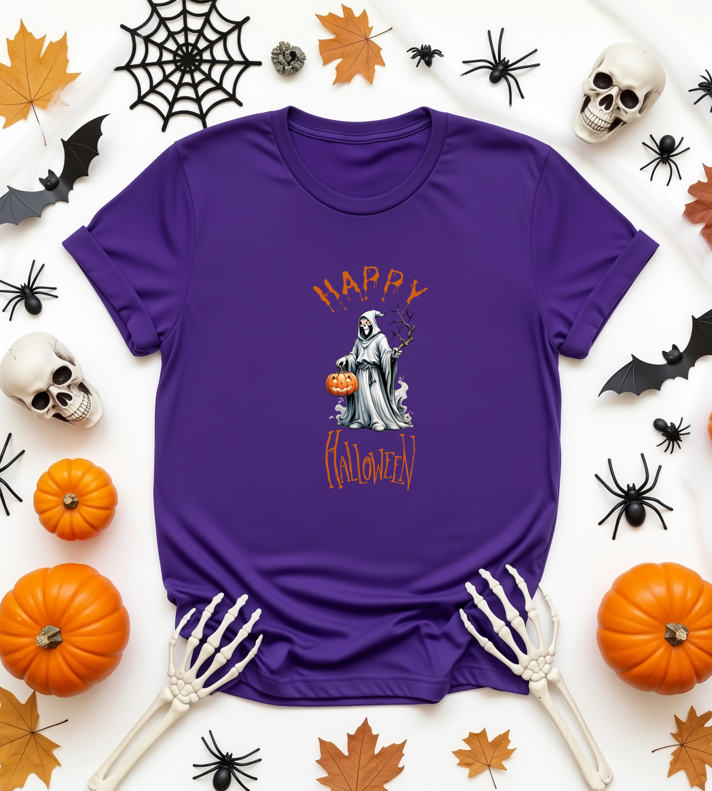 Happy Halloween Ghost Shirt – Spooky Pumpkin Graphic Tee – Bella Canvas 3001 – Unisex Cute Halloween T-Shirt for Women Men