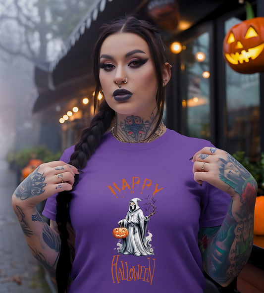 Happy Halloween Ghost Shirt – Spooky Pumpkin Graphic Tee – Bella Canvas 3001 – Unisex Cute Halloween T-Shirt for Women Men