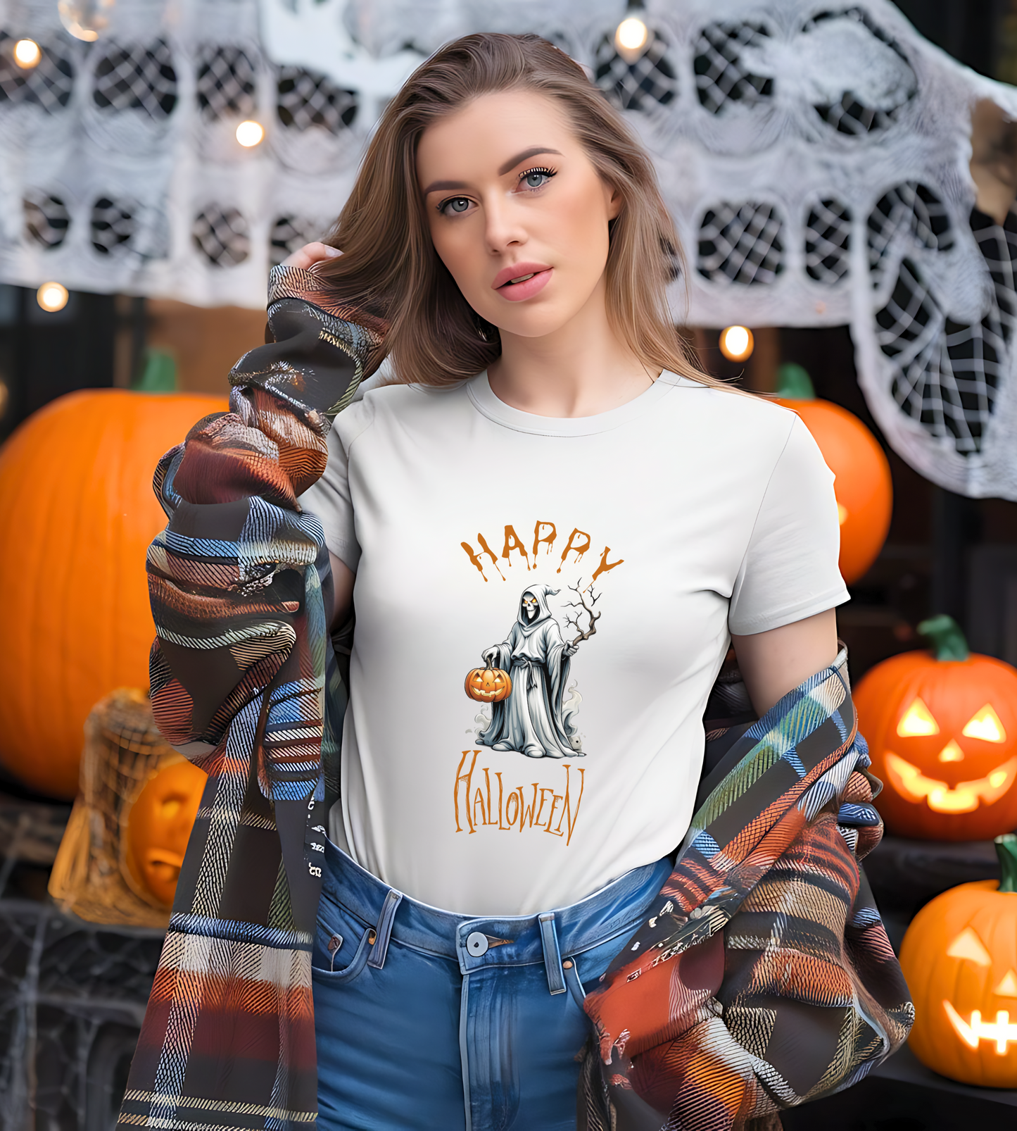 Happy Halloween Ghost Shirt – Spooky Pumpkin Graphic Tee – Bella Canvas 3001 – Unisex Cute Halloween T-Shirt for Women Men