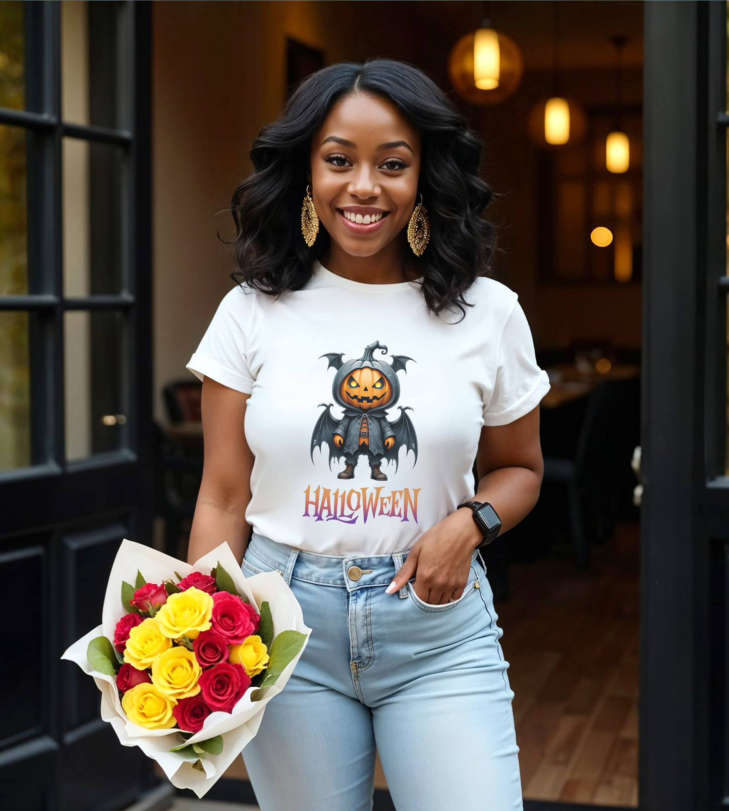 Halloween Pumpkin Bat Shirt – Spooky Jack O’Lantern Graphic Tee – Bella Canvas 3001 – Unisex Halloween T-Shirt for Women Men