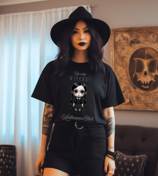 Spooky Witches Halloween Club Shirt – Gothic Wednesday Addams Inspired Tee – Bella Canvas 3001 – Unisex Spooky Halloween T-Shirt