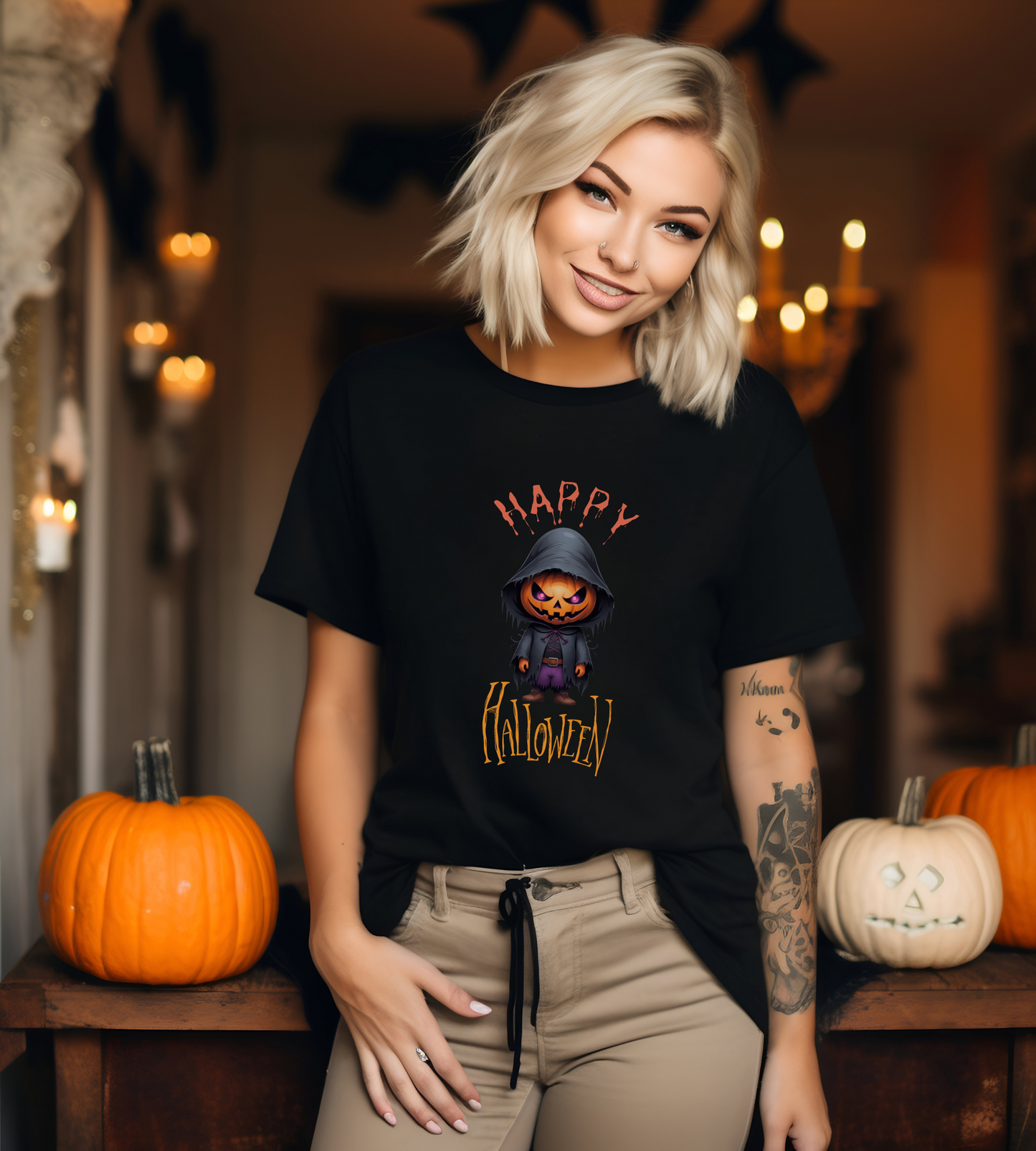 Happy Halloween Pumpkin Head Shirt – Spooky Jack O’Lantern Graphic Tee – Bella Canvas 3001 Unisex T-Shirt