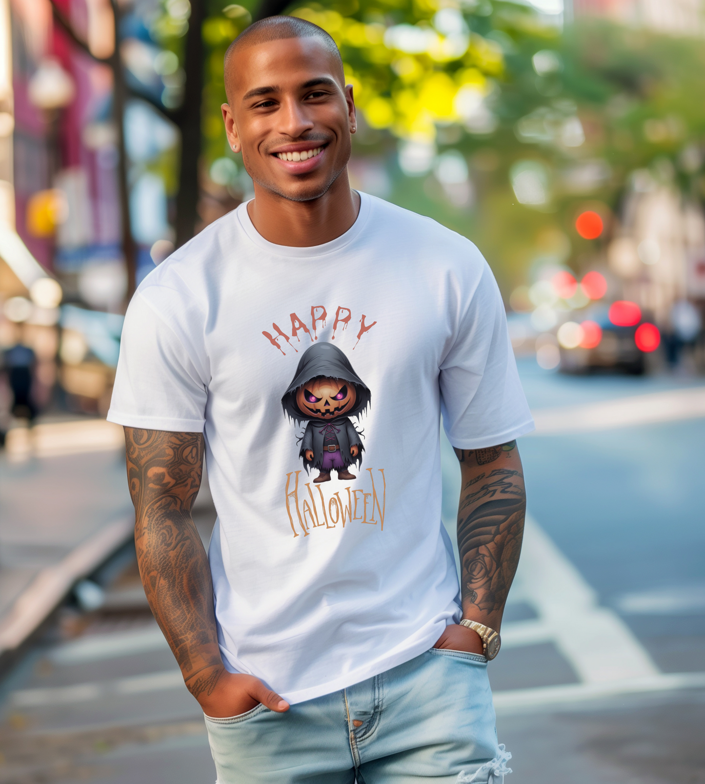Happy Halloween Pumpkin Head Shirt – Spooky Jack O’Lantern Graphic Tee – Bella Canvas 3001 Unisex T-Shirt