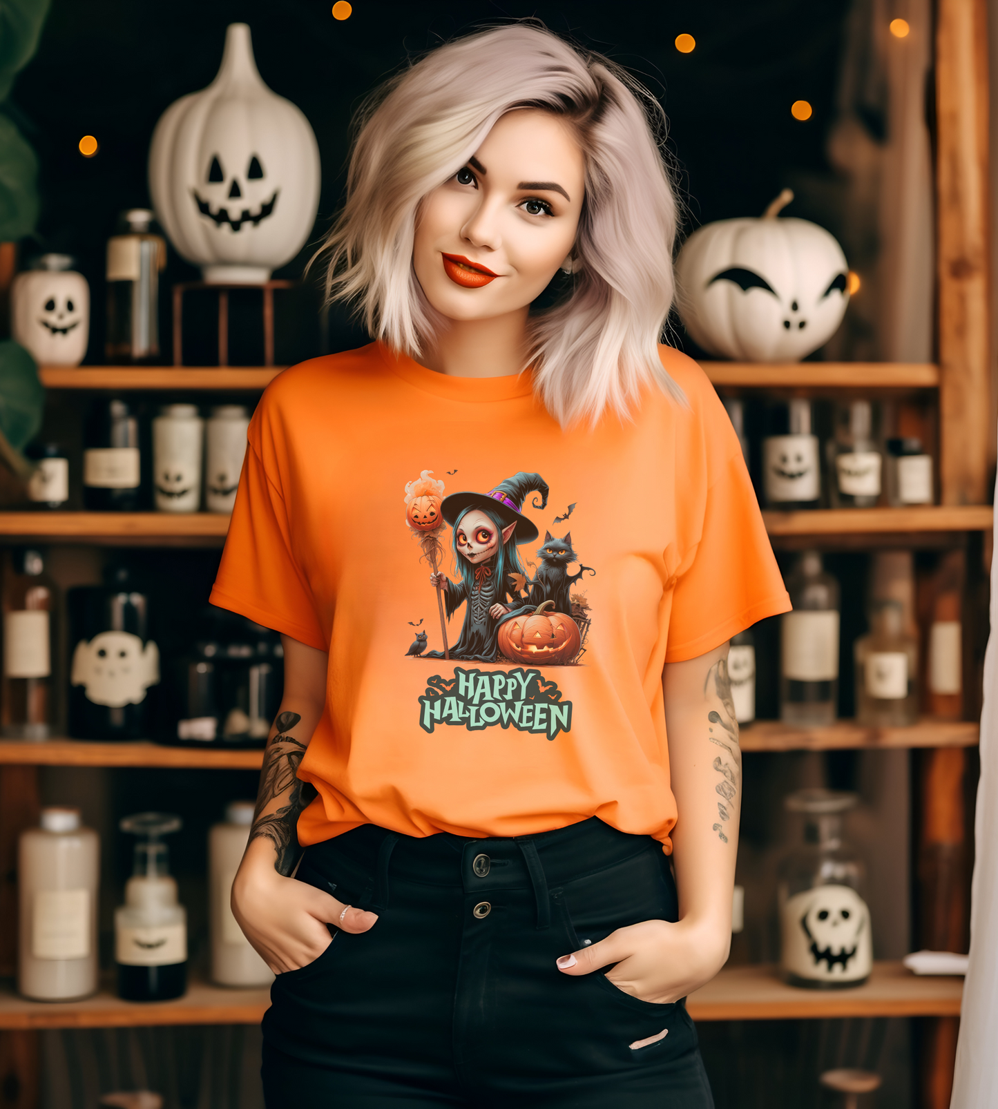 Happy Halloween Witch Shirt – Spooky Pumpkin Cat Graphic Tee – Bella Canvas 3001 – Unisex Halloween T-Shirt for Women Men