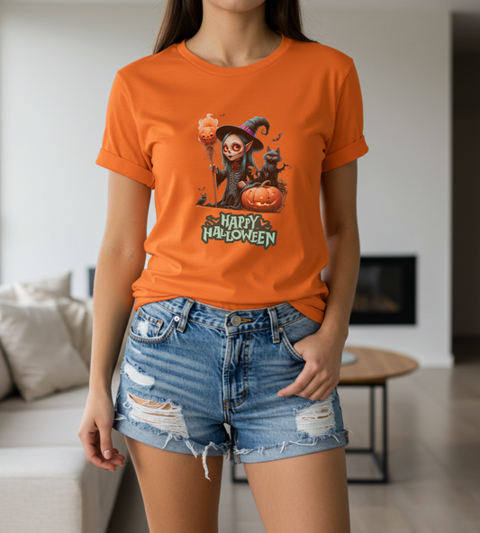 Happy Halloween Witch Shirt – Spooky Pumpkin Cat Graphic Tee – Bella Canvas 3001 – Unisex Halloween T-Shirt for Women Men