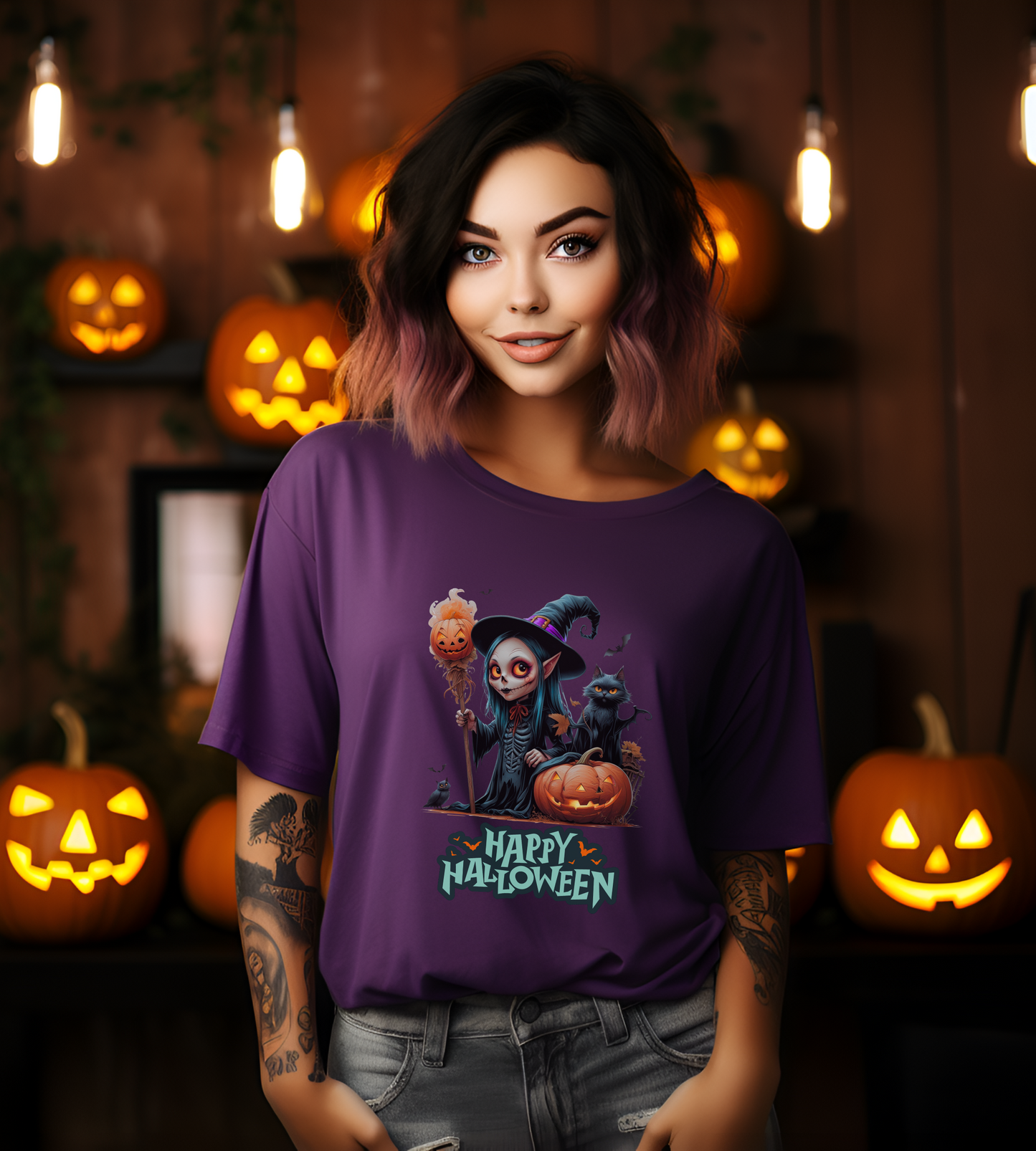 Happy Halloween Witch Shirt – Spooky Pumpkin Cat Graphic Tee – Bella Canvas 3001 – Unisex Halloween T-Shirt for Women Men