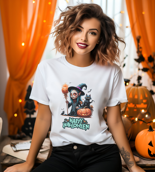 Happy Halloween Witch Shirt – Spooky Pumpkin Cat Graphic Tee – Bella Canvas 3001 – Unisex Halloween T-Shirt for Women Men