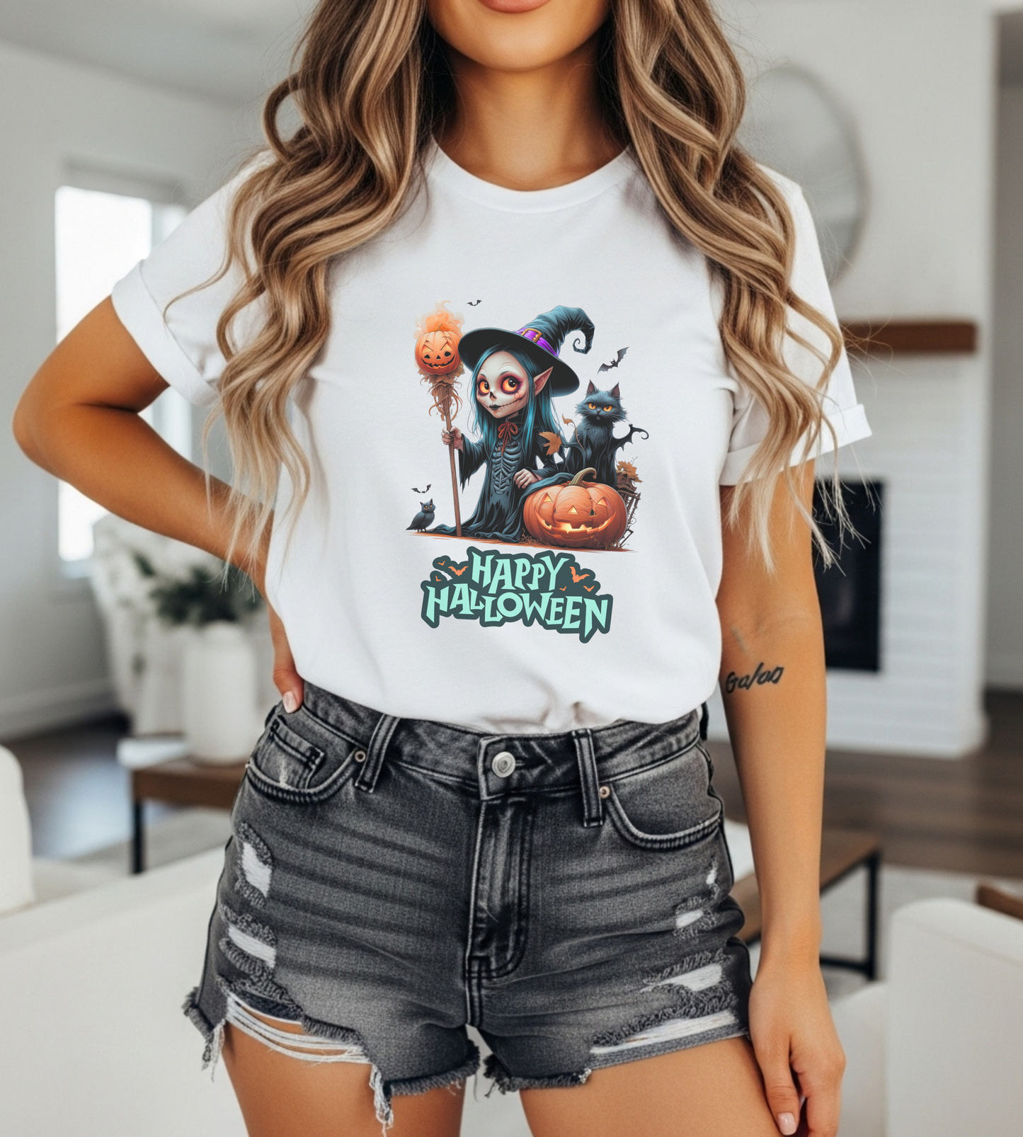 Happy Halloween Witch Shirt – Spooky Pumpkin Cat Graphic Tee – Bella Canvas 3001 – Unisex Halloween T-Shirt for Women Men