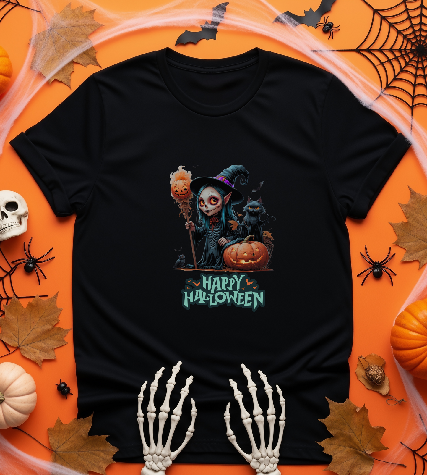 Happy Halloween Witch Shirt – Spooky Pumpkin Cat Graphic Tee – Bella Canvas 3001 – Unisex Halloween T-Shirt for Women Men