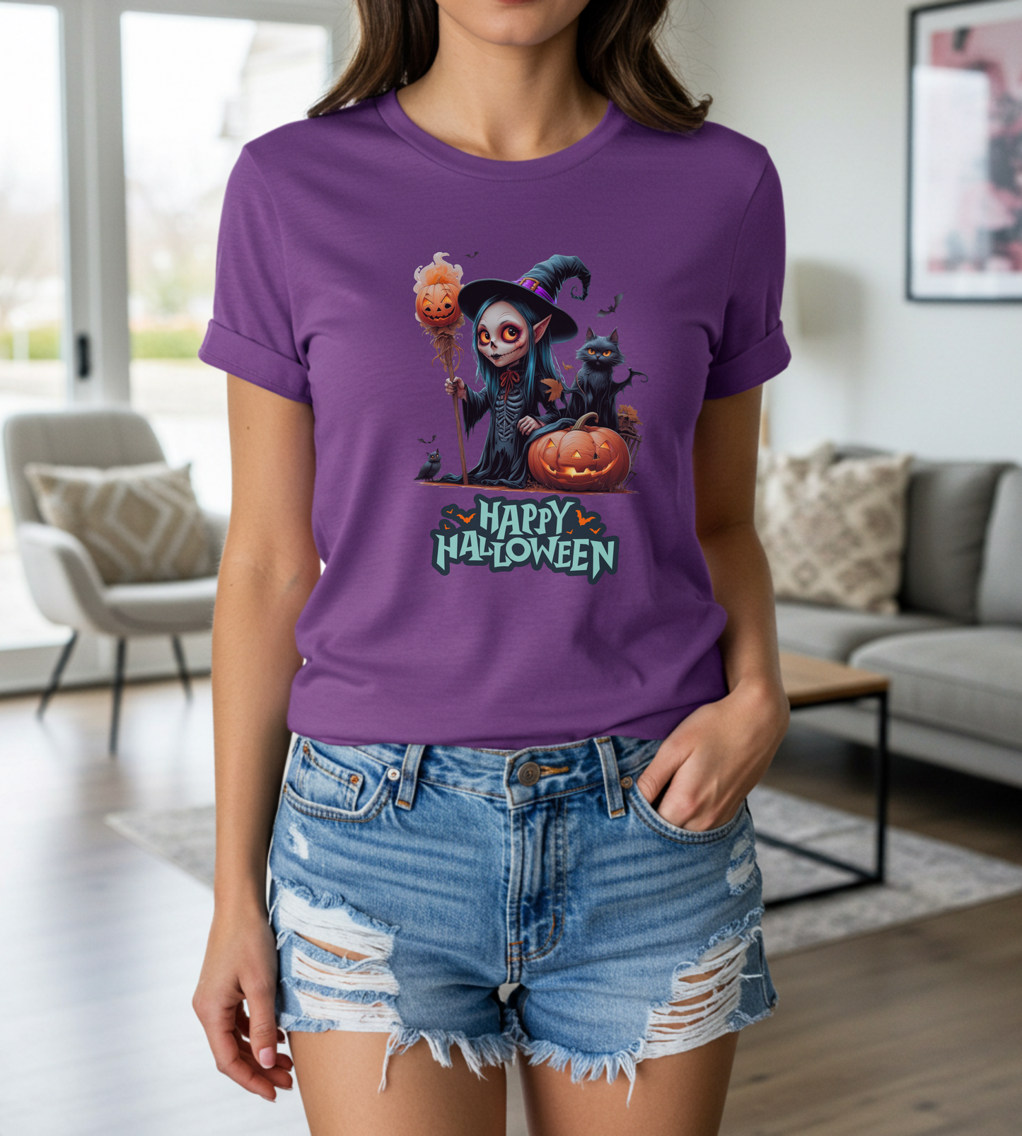 Happy Halloween Witch Shirt – Spooky Pumpkin Cat Graphic Tee – Bella Canvas 3001 – Unisex Halloween T-Shirt for Women Men