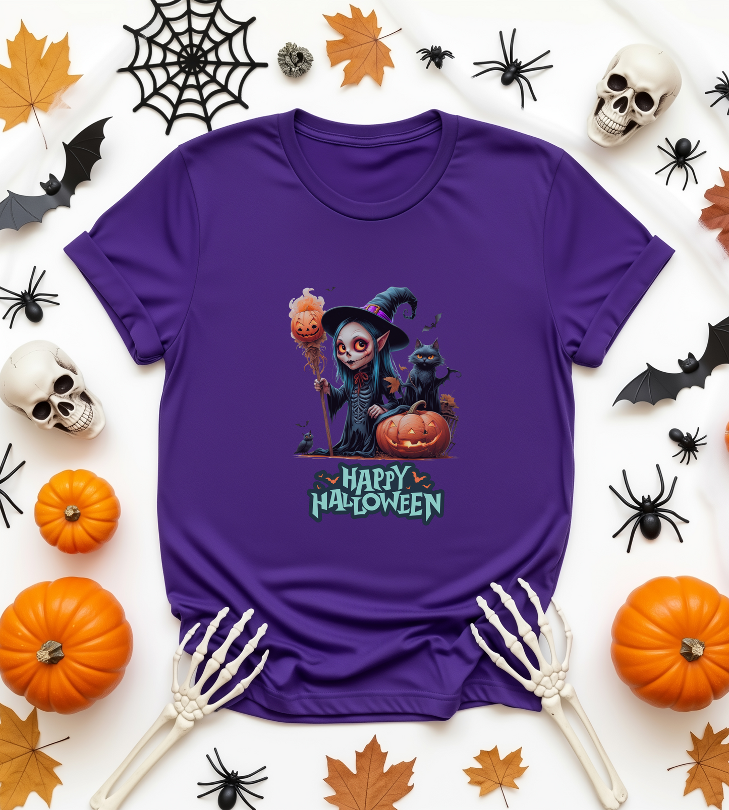 Happy Halloween Witch Shirt – Spooky Pumpkin Cat Graphic Tee – Bella Canvas 3001 – Unisex Halloween T-Shirt for Women Men