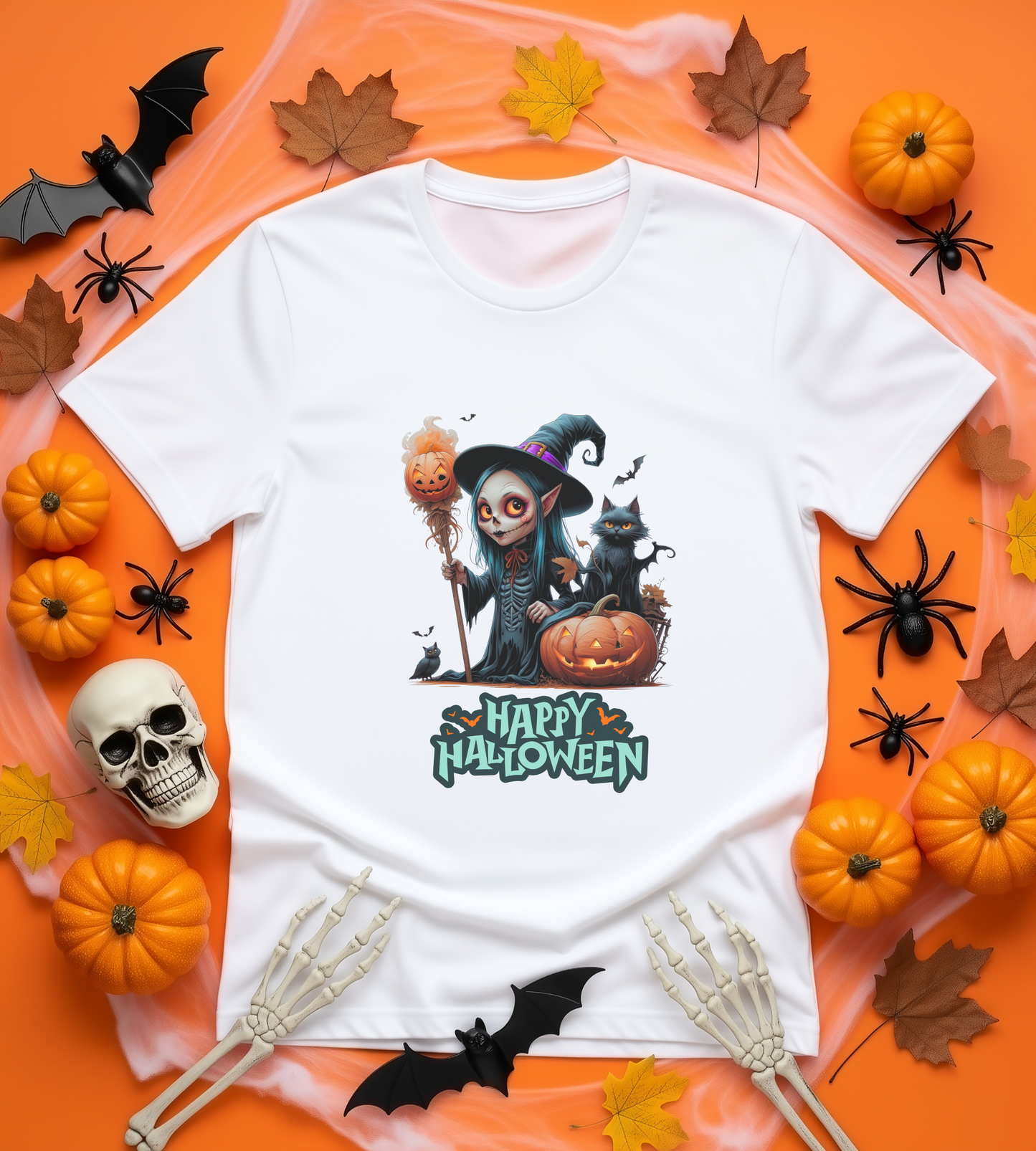 Happy Halloween Witch Shirt – Spooky Pumpkin Cat Graphic Tee – Bella Canvas 3001 – Unisex Halloween T-Shirt for Women Men