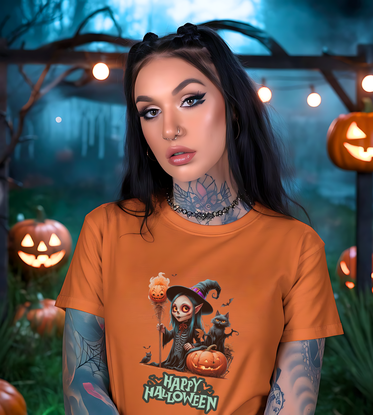 Happy Halloween Witch Shirt – Spooky Pumpkin Cat Graphic Tee – Bella Canvas 3001 – Unisex Halloween T-Shirt for Women Men